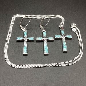 Turquoise Cross Necklace & Earrings Bundle 925 Silver Chain Birthday Anniversary